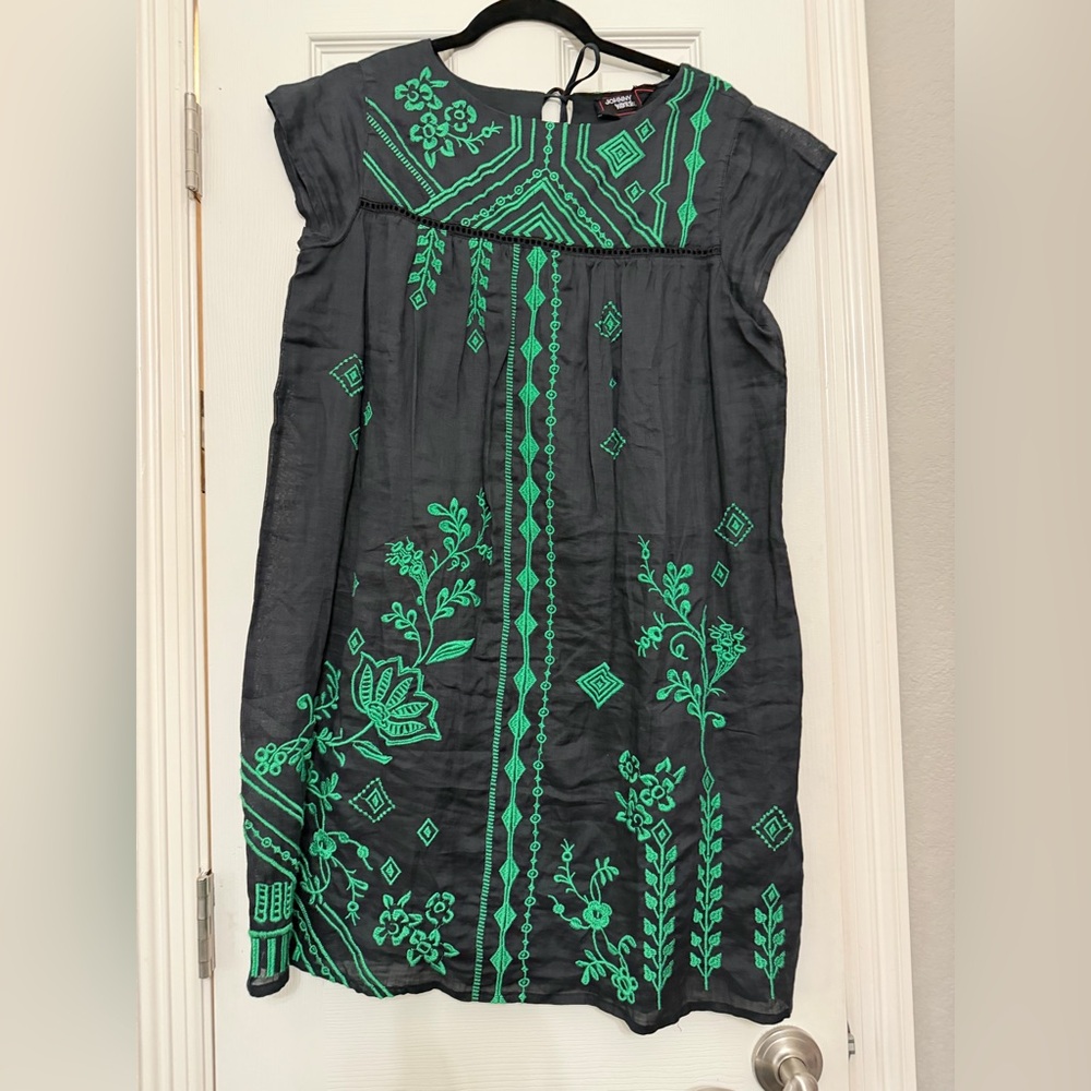 Johnny Was Black Midi Dress with Green Embroidery